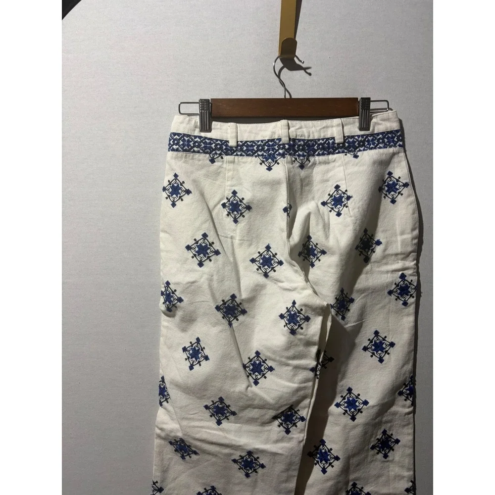 Mango White Blue Geometric Embroidered‎ Wide Leg Cropped Pants Size 4 NWT